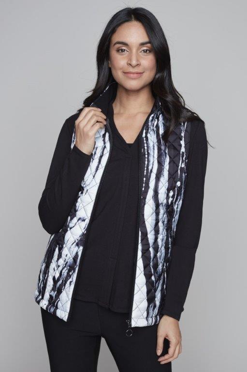 Claire Desjardins "Breezy" Woven Vest-91713
Claire Desjardins Black/White Print Quilted Vest
Features "breezy black & white" design
Stylish statement piece with functional warmth
Zip front with convenient pockets
Adds a chic, artistic touch to any outfit
Must-have for your wardrobe