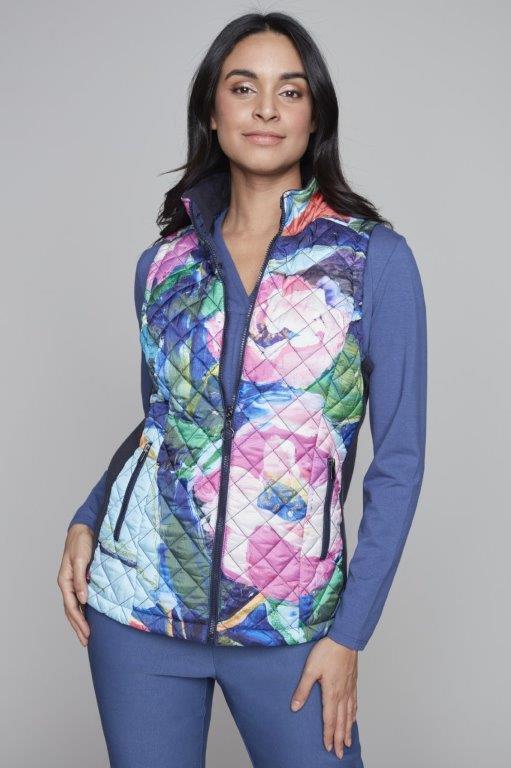 Claire Desjardins Peony Quilted Vest
Front zip with quilted design
Knit side panels for a comfy fit
Zippered front pockets for convenience
Features "Pink Peonies" print by Canadian artist Claire Desjardins
Made with 100% polyester
Contrast panel: 91% acrylic, 8% nylon, 1% spandex
100% polyester filling and lining