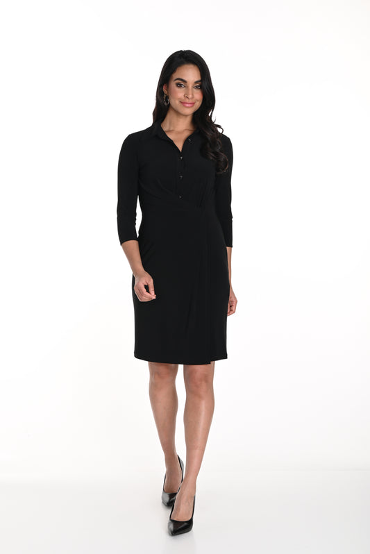 Brand: Frank Lyman
Style: Jersey Knit Dress
Colour: Black
Sleeves: 3/4 length
Details: Faux wrap, henley-style button front
Length: Knee-length hemline
Fit: Fitted for a flattering look