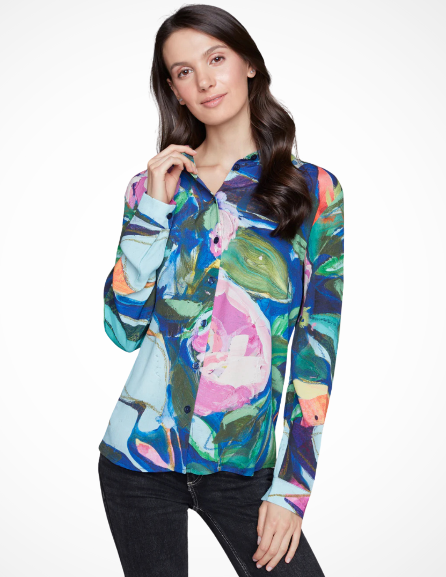 Jaboli Boutique-Fergus Ontario-Claire Desjardins-Peonies Blouse Style #91726
Claire Desjardins Peonies Blouse from the PINK PEONIES collection, featuring a vibrant multi-colored print by the renowned artist. Designed with a button-front closure, classic collar, and long sleeves with buttoned cuffs, this lightweight blouse blends artistic flair with effortless elegance. Made from a luxurious blend of viscose and rayon, it’s perfect for adding a pop of color and sophistication to any wardrobe