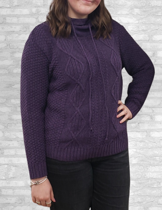 Jaboli Boutique-Fergus Ontario-Cotton Country- Armel Sweater - Colour: Plum tweed. Split Collar High Neckline

cowl neckline drawstring detail

Super comfy style with a Cross-over neckline.

Relaxed fit
Cross Over Neck with Draw String
Beautiful Front Cables
Falls at hips
75% Eco cotton/25% Polyester