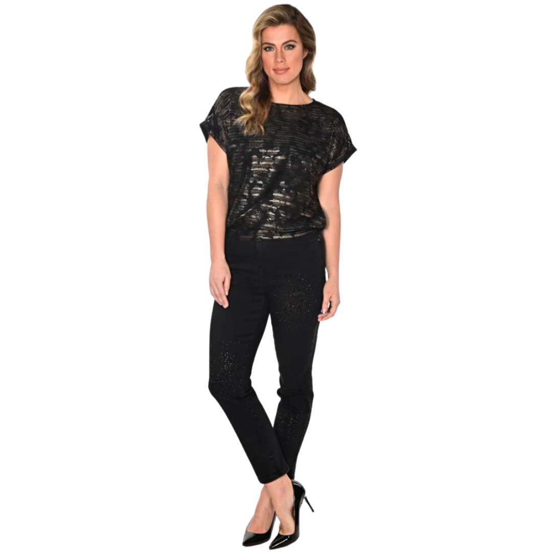 Jaboli Boutique - Fergus Ontario - Frank Lyman - Heart Motif Jeans. Stylish Black Denim Jeans Embellished with a striking copper and black rhinestone heart motif High-rise waist for a fashionable and flattering look Classic 5-pocket design for practicality Convenient fly front for easy wear Slim fit, offering comfort and contemporary style A wardrobe essential for on-trend fashion.