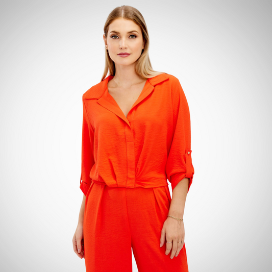 Jaboli Boutique- Fergus Ontario - Frank Lyman Orange Blouse Vibrant color Flattering V neckline Notched collar 3/4 sleeves Waist length Perfect for office or night out Casual with jeans Dressy with straight-leg trousers