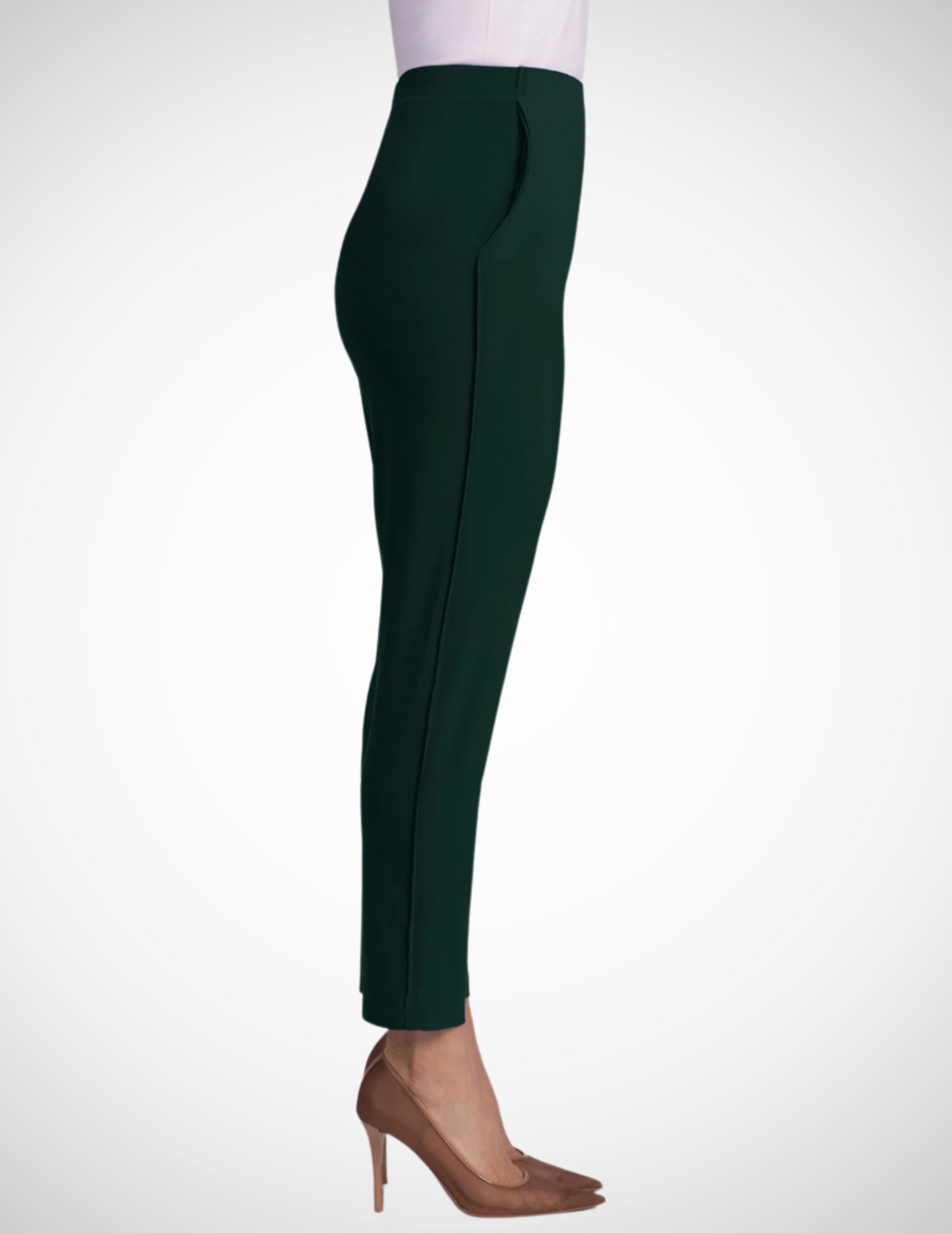 
Jaboli Boutique-Fergus Ontario-Sympli-Evergreen Pencil Pant Sympli classic jersey slim-fit ankle-length pants with tailored front waistband, elasticized back, raw edge flounce on side seams, side front pockets; designed for a flattering silhouette and ideal for pairing with the Boomerang Tunic for travel or holiday gatherings