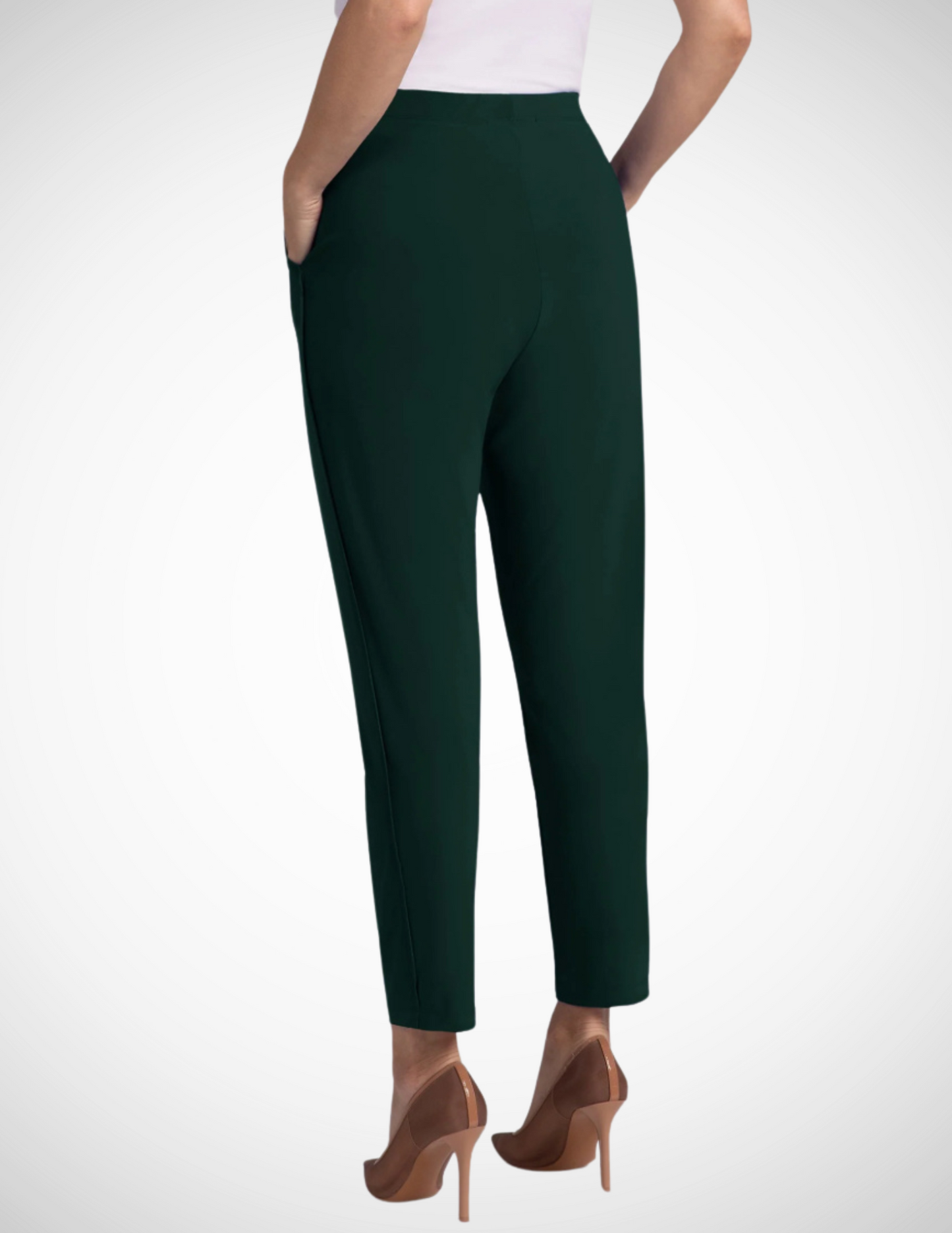 
Jaboli Boutique-Fergus Ontario-Sympli-Evergreen Pencil Pant Sympli classic jersey slim-fit ankle-length pants with tailored front waistband, elasticized back, raw edge flounce on side seams, side front pockets; designed for a flattering silhouette and ideal for pairing with the Boomerang Tunic for travel or holiday gatherings