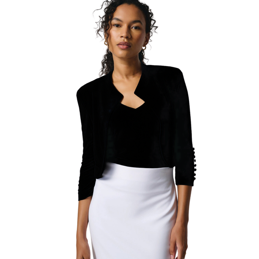 Jaboli Boutique - Fergus Ontario - Joseph Ribkoff - Classic Black Bolero. Open Front, 3/4 sleeve with button detail at cuff.  Cropped length falls at natural waistline. Notch flat collar.