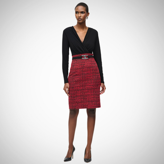 Jaboli Boutique - Fergus, Ontario Joseph Ribkoff Black/Red Tweed Dress Black jersey faux wrap bodice, V neckline, Knee Length, Red/black tweed fitted pencil skirt Long sleeves Wraparound silhouette secured with a belt 96% polyester, 4% spandex Back zipper Perfect for semi-formal occasions or date nights