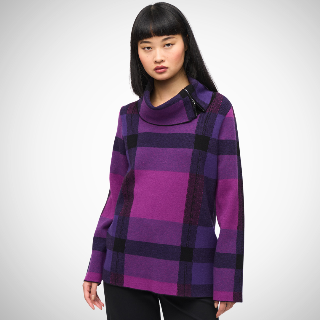 Jaboli Boutique - Fergus Ontrio - Joseph Ribkoff - Cowl Neck, Tartan Top. Colour Blocked: Purple/Empress/Black Cozy collar with zipper accent Hip length Long sleeves Cowl neck design Oversized fit for relaxed, fashionable appeal Thigh-length silhouette with straight sleeves User-friendly rear zipper Made from 50% Viscose Rayon, 28% Polyester, 22% Nylon Versatile and stylish for casual occasions