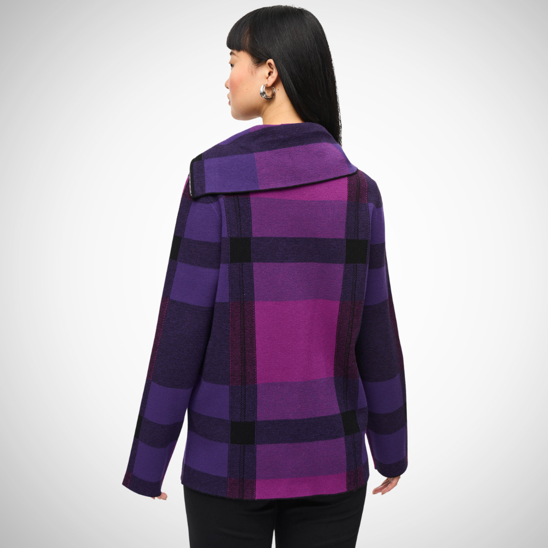 Jaboli Boutique - Fergus Ontrio - Joseph Ribkoff - Cowl Neck, Tartan Top. Colour Blocked: Purple/Empress/Black Cozy collar with zipper accent Hip length Long sleeves Cowl neck design Oversized fit for relaxed, fashionable appeal Thigh-length silhouette with straight sleeves User-friendly rear zipper Made from 50% Viscose Rayon, 28% Polyester, 22% Nylon Versatile and stylish for casual occasions