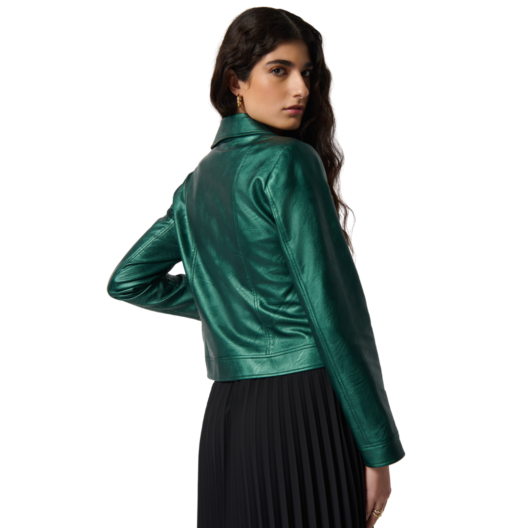 Jaboli Boutique - Fergus Ontario-Joseph Ribkoff, Gwen Moto, Dark emerald colour Moto Jacket. Meet Gwen, The Gorgeous Dark Green Emerals Moto Jacket Sure To be On Everyones wants/needs list this fall season Fitted Body, Asymmetrical Zip Close Colour Dark Emerald Green Faux Leather Zip Pockets Lined