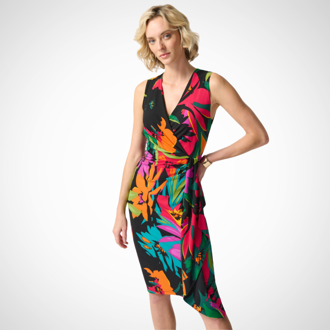 0 × 1080px  Jaboli Boutique - Fergus Ontario- Joseph Ribkoff - Print Dress - 242012. V-neckline, wrap front dress, no zipper, no pockets, knee length, sleeveless., Tropical floral print ( pink, cherry, lime, green, orange, teal) on a black background. 95% Polyester, 5% Spandex. Made In Canada.