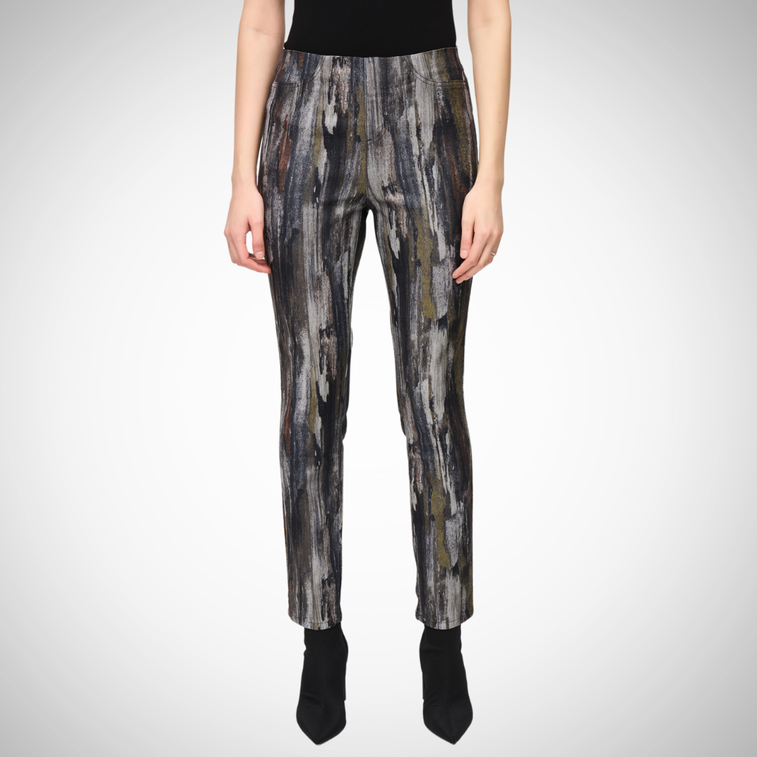 Jaboli Boutique - Fergus Ontario - Joseph Ribkoff - Washed Print Pant. Meet the Joseph Ribkoff Washed Print Pant Bohemian abstract chino Elevates your fashion game Available in washed black, grey, and brown mix High rise Back pockets for added convenience Super stretchy Slim fit Comfortable at the waist and full length Artistic abstract pattern Transforms casual wear into a statement piece 68% cotton, 29% polyester, 3% spandex Elastic waist, no zipper. Black,brown,khaki green,grey brush stroke print