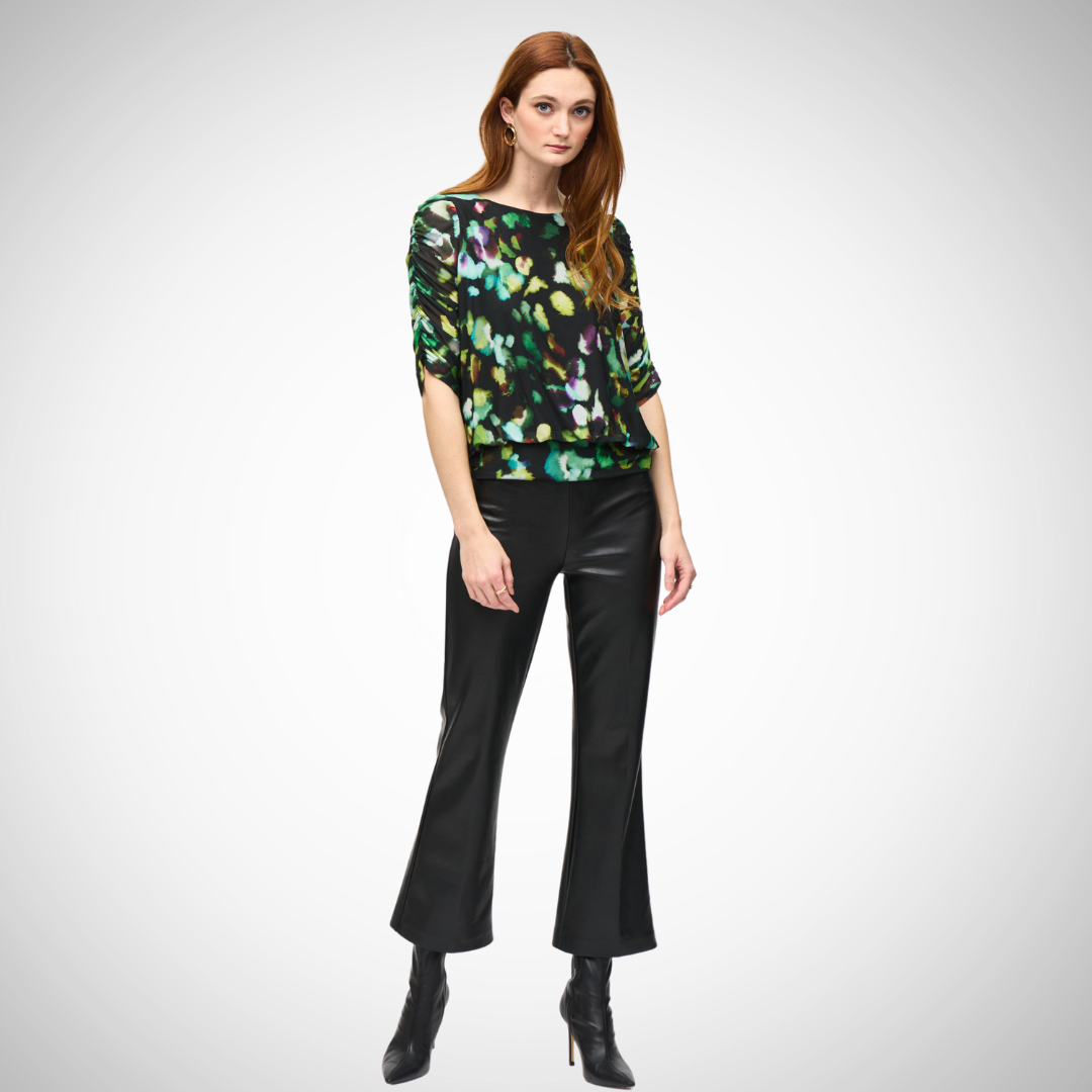 Joseph Ribkoff Green/Black Blouse  green print on black, Ruching on 3/4 sleeves for elegance, Boat neck design,  a short-length frame, Bohemian vibe Made of 95% polyester and 5% spandex. Trendy stylish, and comfortable.