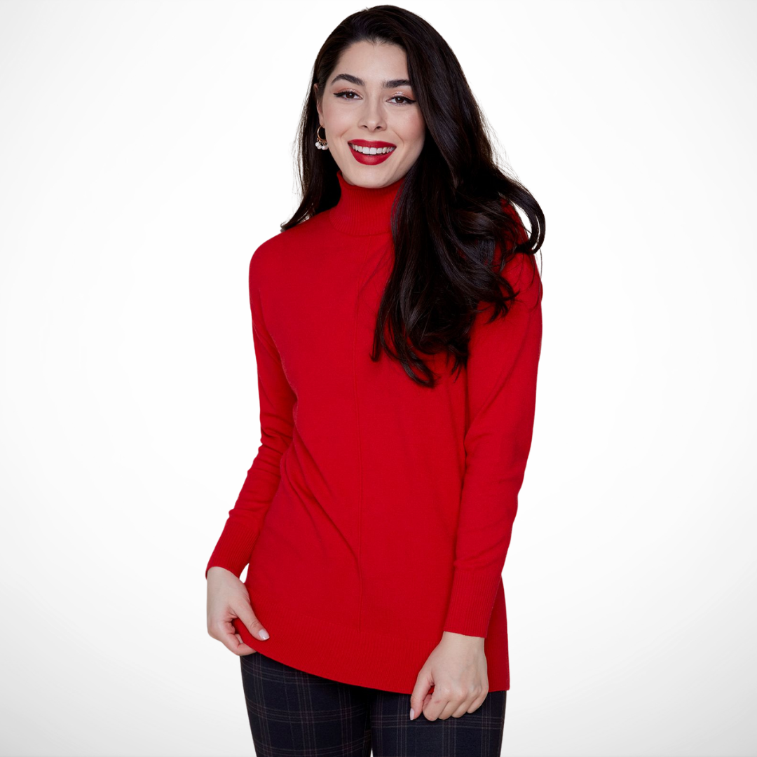 Jaboli Boutique - Fergus Ontario - Renuar - Cozy Berry Turtleneck - Sweater. Renuar Turtleneck Sweater in a beautiful true red berry colour

drop shoulder,


Fitted Silhouette,

Viscose Poly Blend,

soft cozy knit,