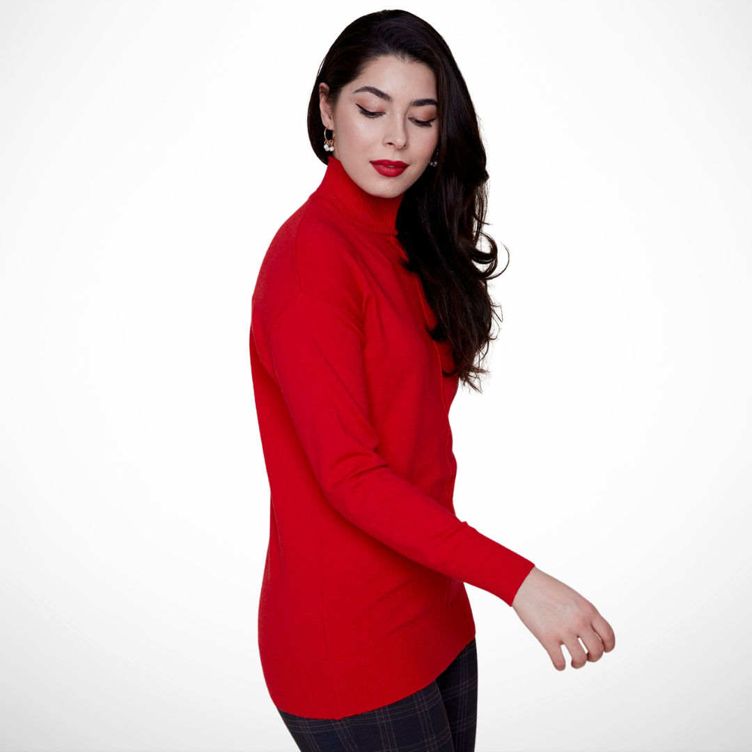 Jaboli Boutique - Fergus Ontario - Renuar - Cozy Berry Turtleneck - Sweater. Renuar Turtleneck Sweater in a beautiful true red berry colour

drop shoulder,


Fitted Silhouette,

Viscose Poly Blend,

soft cozy knit,