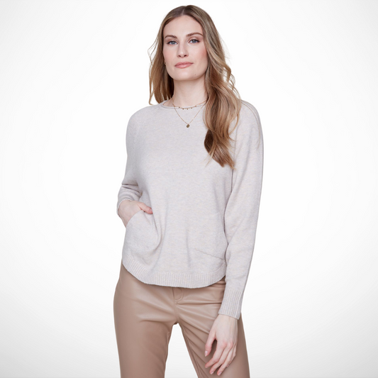 Jaboli Boutique - Fergus Ontario - Renuar - Cozy Crew Neck Sweater - Heathered  Oyster (Taupe Colour), Pockets, Dolman Sleeve, Cozy and stylish crew neck sweater
Ideal for layering under a vest or jacket
Neutral taupe color
Convenient pockets
Standout back button detail
Lightweight knit
Made from acrylic, polyester, and nylon blend 