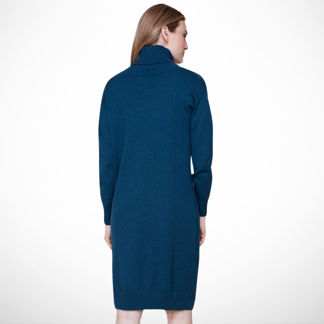 Jaboli Boutique - Fergus Ontario - Renuar - Sweater Dress - Peacock Sweater Dress Knee-length in rich peacock (dark teal) color Cable knit body Cozy high collar Long sleeves with cuffs Made from 50% viscose, 28% polyester, 22% nylon Warm and comfortable for cooler days