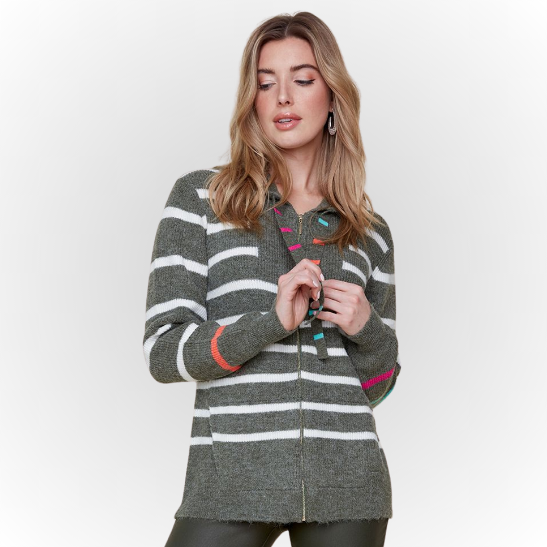 Jaboli Boutique - Fergus Ontario - Renuar -Zip Front Cardigan. Renuar Cardi with Collar Cozy ribbed knit made from soft yarn Colorful stripe accents on drawstring and sleeves Chive and ivory striped design Functional pockets and zip-front closure 46% acrylic, 28% polyester, 26% nylon Comfortable and stylish