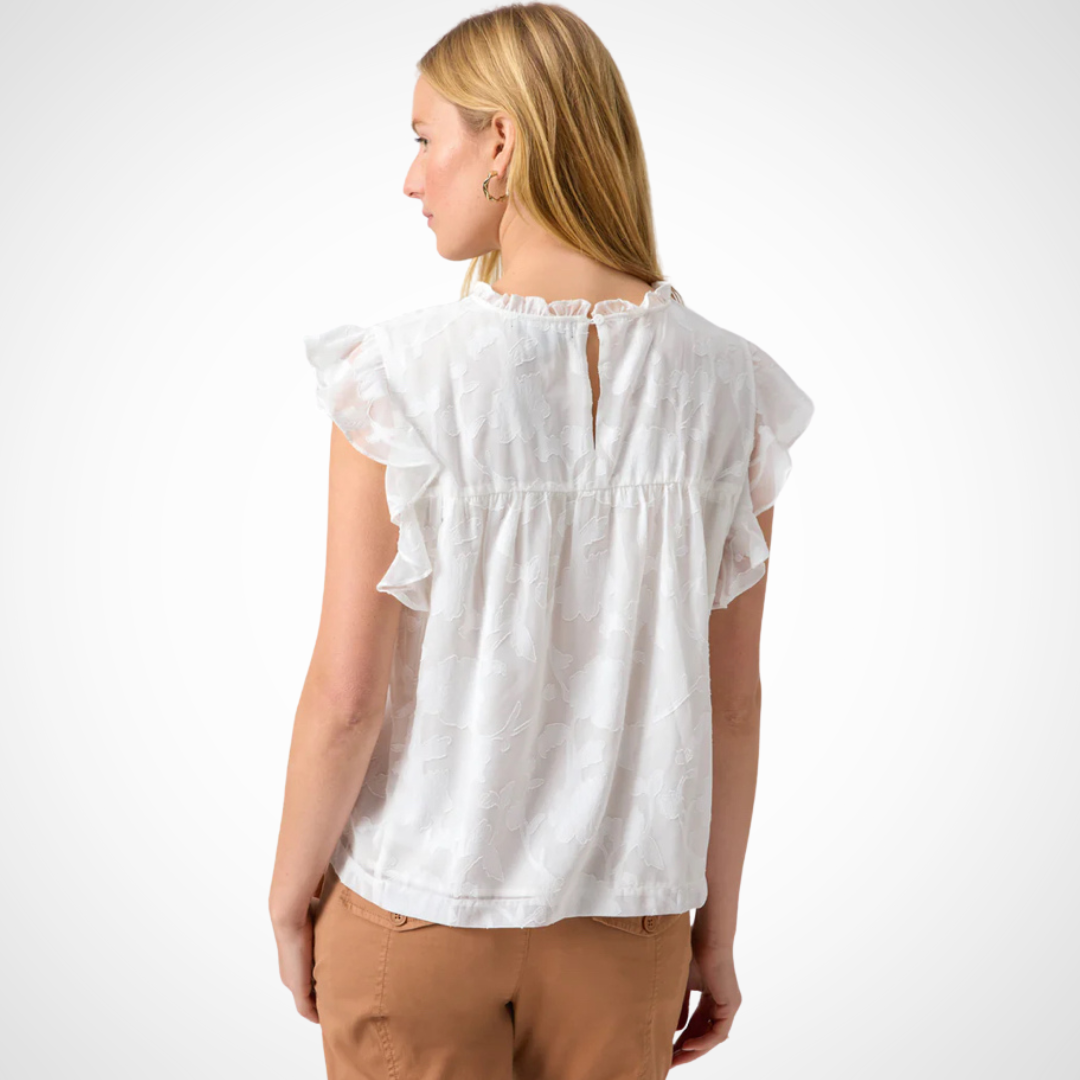 Jaboli Boutique - Fergus Ontario - Sanctuary - Spring Gathering Top. Elegant blouse for this season's trends, pairs with wide-leg crop jeans or denim skirt. Features ruffle cap shoulders, white tone-on-tone print. Made from lightweight woven jacquard fabric. Relaxed fit, back keyhole button closure for easy wear. Crafted from 100% polyester shell, 100% rayon lining.