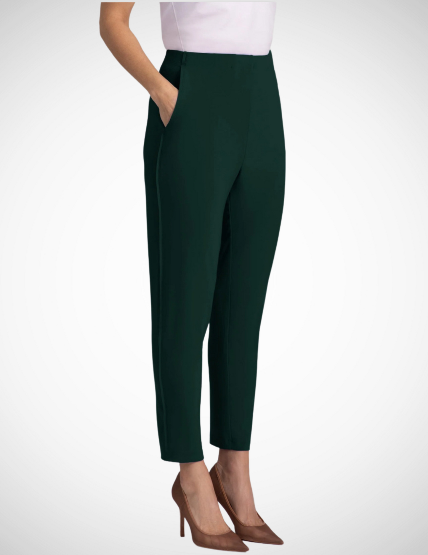 
Jaboli Boutique-Fergus Ontario-Sympli-Evergreen Pencil Pant Sympli classic jersey slim-fit ankle-length pants with tailored front waistband, elasticized back, raw edge flounce on side seams, side front pockets; designed for a flattering silhouette and ideal for pairing with the Boomerang Tunic for travel or holiday gatherings