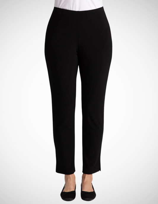 Jaboli Boutique-Fergus Ontario- Sympli-Narrow Pant. Best-selling Narrow Pant Midi in Black with a 28-inch ankle-length inseam, slimming leg, fold-over tack waistband for a tummy tuck effect, and a tapered silhouette; crafted from signature jersey fabric for a comfortable, polished look, proudly made in Canada