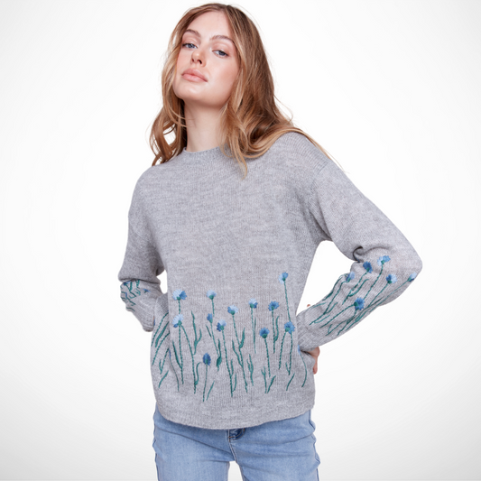 Jaboli Fergus Ontario -Charlie B -Wildflower Border Embroidered Sweater-Grey-C2673-645B


lightweight knit

perfect for transitional seasons and layering.

Crew Neck

Colour - Silver Grey with Border Blue/Green Embroidered Wildflowers

100% Acrylic

