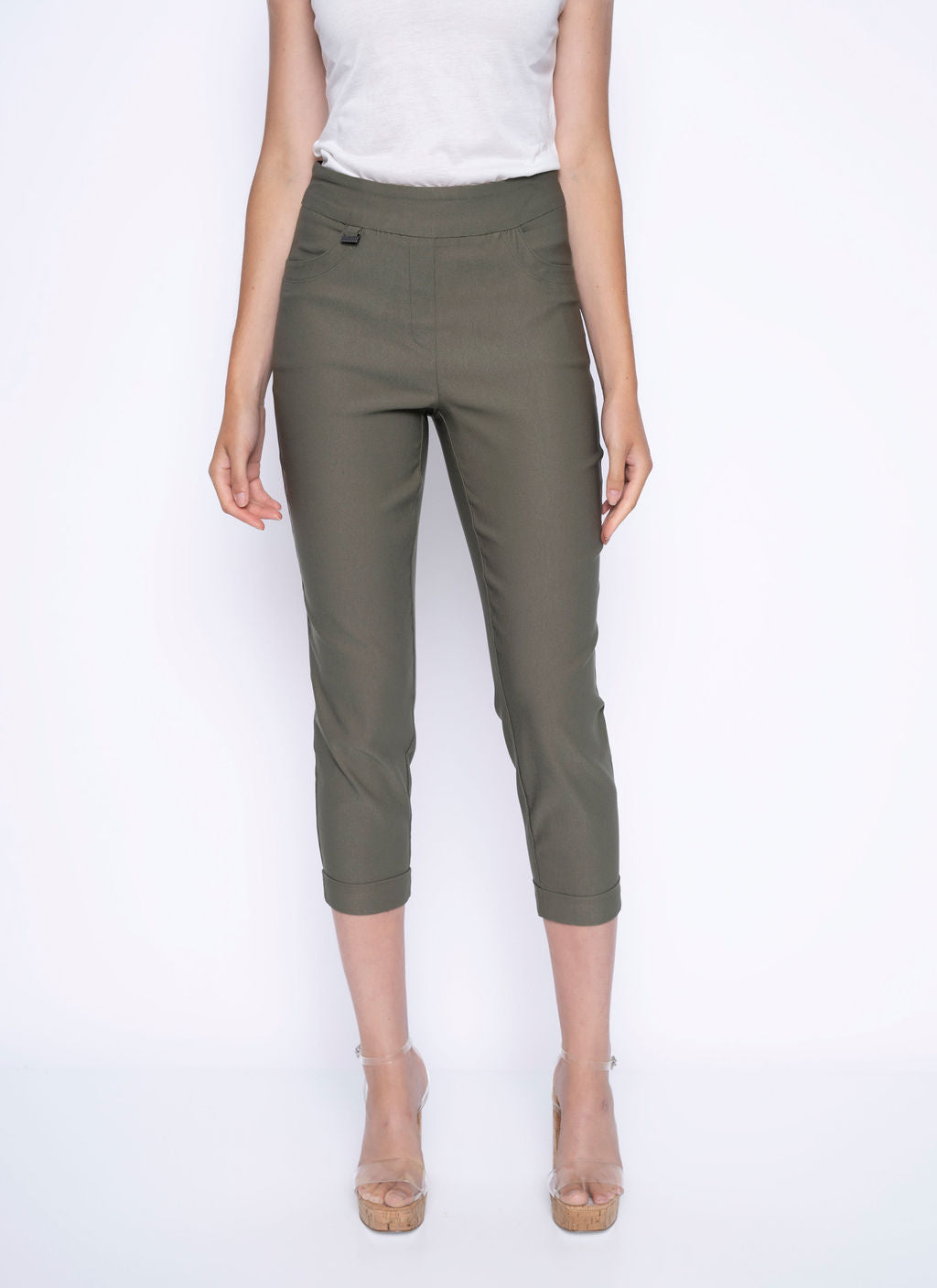 Jaboli Boutique-Fergus Ontario-Picadilly-Cuffed Capri-GM029 hi-rise slim-fit capri, stretch gabardine fabric, lightweight and breathable, pull-on design, smooth waistband, functional pockets, cuffed hem detail, available in Avocado and Dusty Blue, casual chic capri, travel-friendly fashion, perfect for summer styling, effortless everyday wear, pairs well with blouses and jackets, ideal for office or weekend outfits, comfortable and flattering fit.