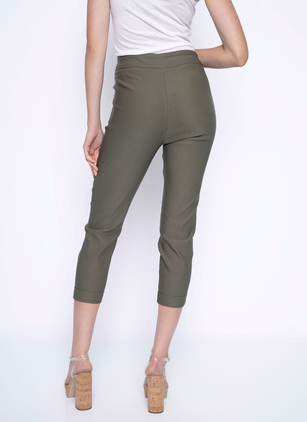 Jaboli Boutique-Fergus Ontario-Picadilly-Cuffed Capri-GM029 hi-rise slim-fit capri, stretch gabardine fabric, lightweight and breathable, pull-on design, smooth waistband, functional pockets, cuffed hem detail, available in Avocado and Dusty Blue, casual chic capri, travel-friendly fashion, perfect for summer styling, effortless everyday wear, pairs well with blouses and jackets, ideal for office or weekend outfits, comfortable and flattering fit.