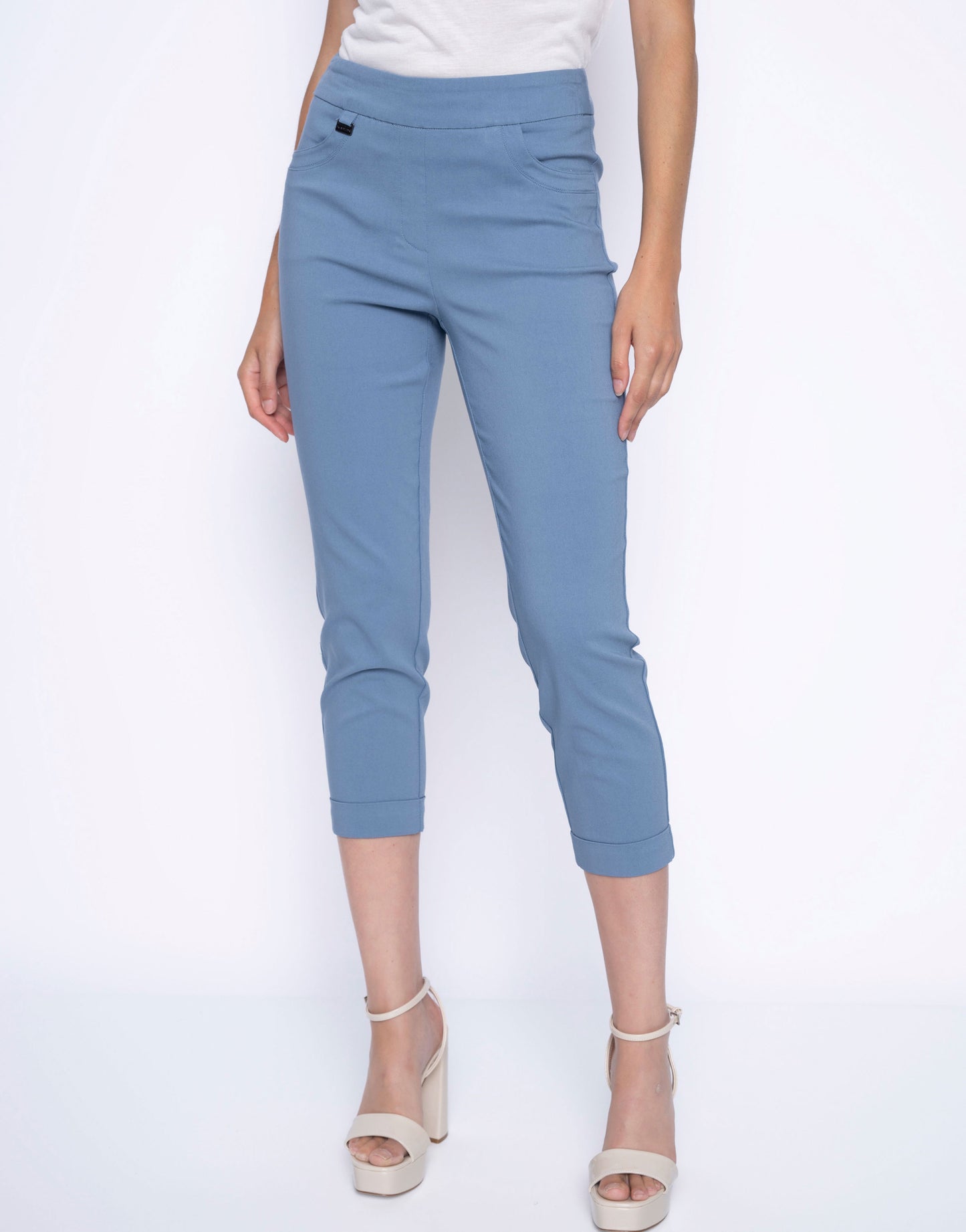 
Jaboli Boutique-Fergus Ontario-Picadilly-Cuffed Capri-GM029 hi-rise slim-fit capri, stretch gabardine fabric, lightweight and breathable, pull-on design, smooth waistband, functional pockets, cuffed hem detail, available in Avocado and Dusty Blue, casual chic capri, travel-friendly fashion, perfect for summer styling, effortless everyday wear, pairs well with blouses and jackets, ideal for office or weekend outfits, comfortable and flattering fit.