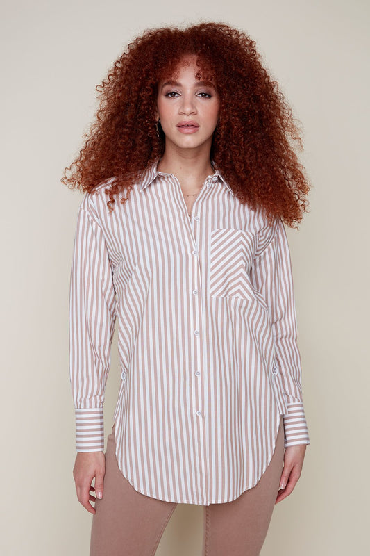 Jaboli Boutique-Fergus Ontario-Renuar- Pinstripe Shirt-R5135-TAN-
Made of 100% cotton, the Renuar Pinstripe Shirt is both comfortable and breathable. Comes in two stylish colors: Tan/White and Chambray/White. Features a button-front closure with a classic collar, sculpted hemline, and single chest pocket. Perfect for casual or business-casual occasions.