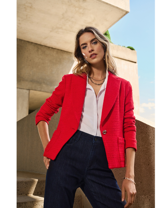 Joseph Ribkoff Red Blazer with classic tuxedo collar
Hip-length design with a single-button front
Textured fabric adds depth and sophistication
Vibrant red colour for a bold, polished look
Practical front pockets for convenience
Made in Canada with premium craftsmanship
Comfortable fit with long, straight sleeves
Ideal for business, formal events, and office wear