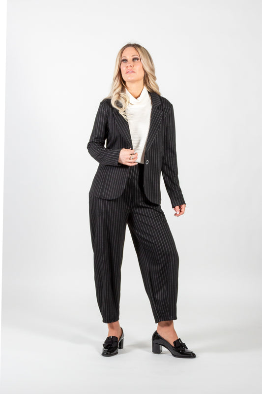 Pure Essence Tailored Suit Jacket Style # 579-7047BLAZER A black tailored suit jacket with cream pinstripes, featuring a tuxedo collar, single-button front closure, and fully lined interior. Perfect for a polished and professional look, business attire, or formal events.